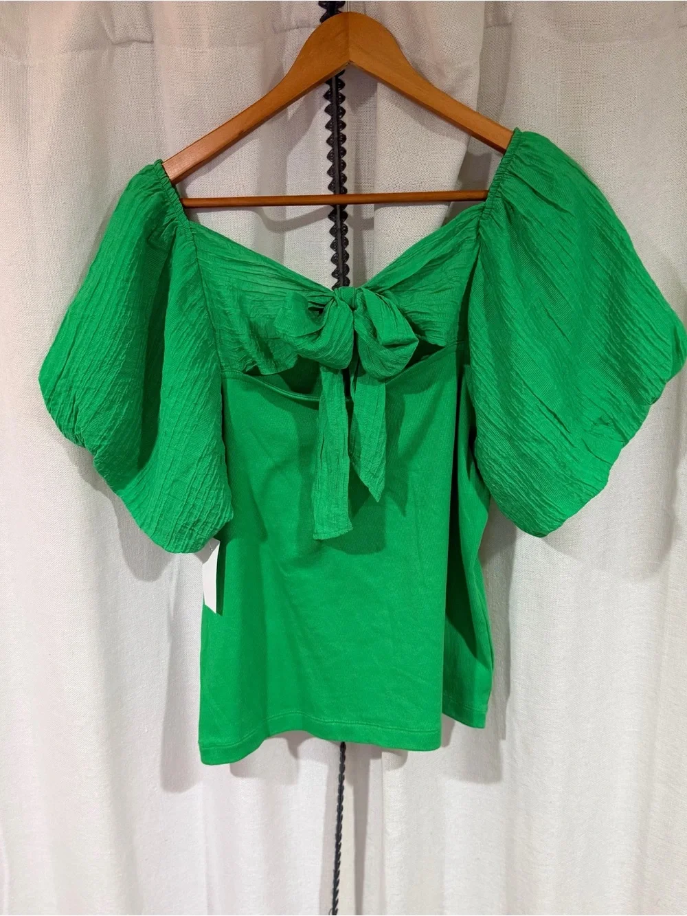 LOFT Green Puff Short Sleeve Tie Back Square Neck Top Blouse NWT Size XL